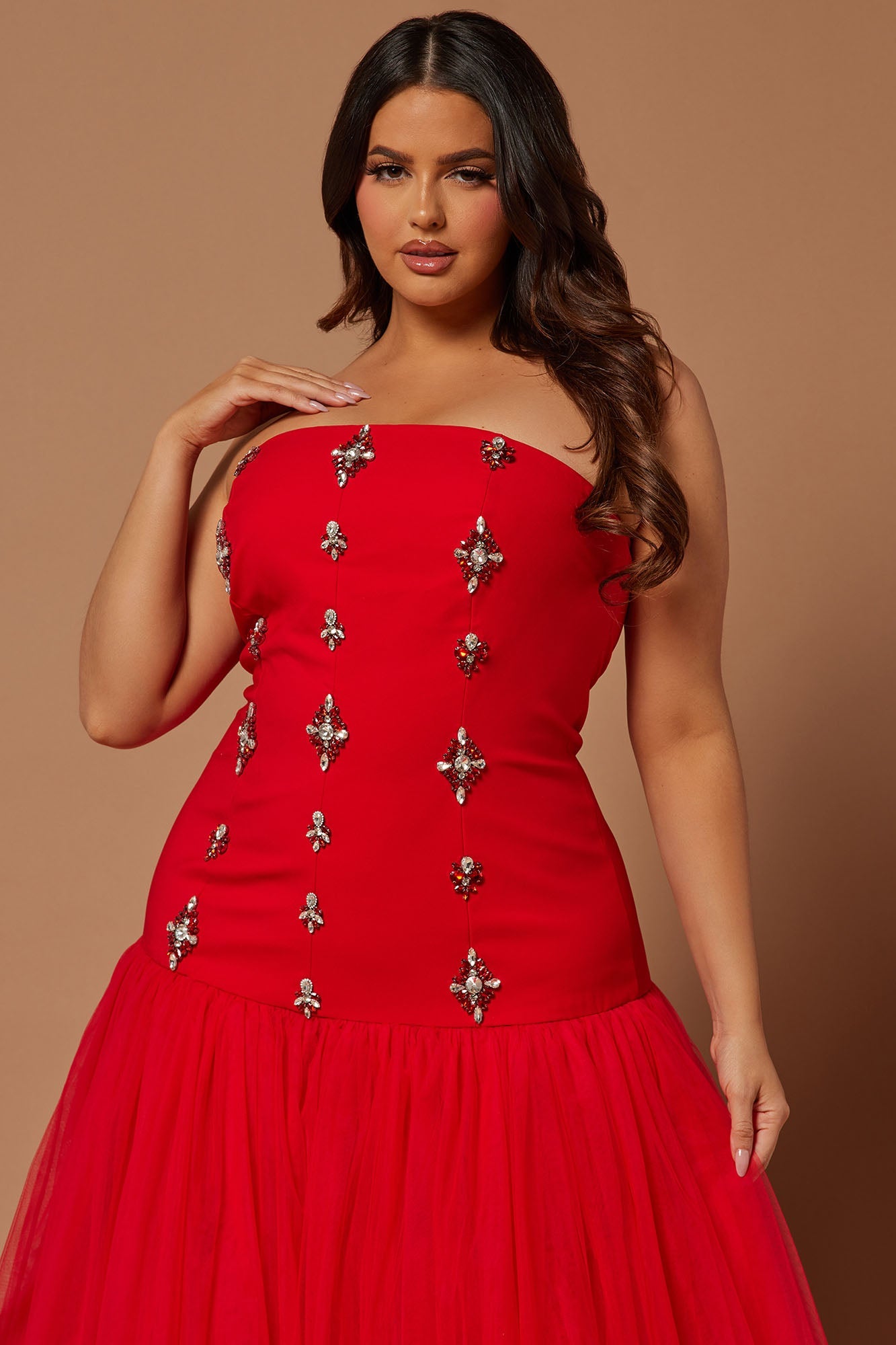 Kira Red Embellished Flowing Tulle Gown