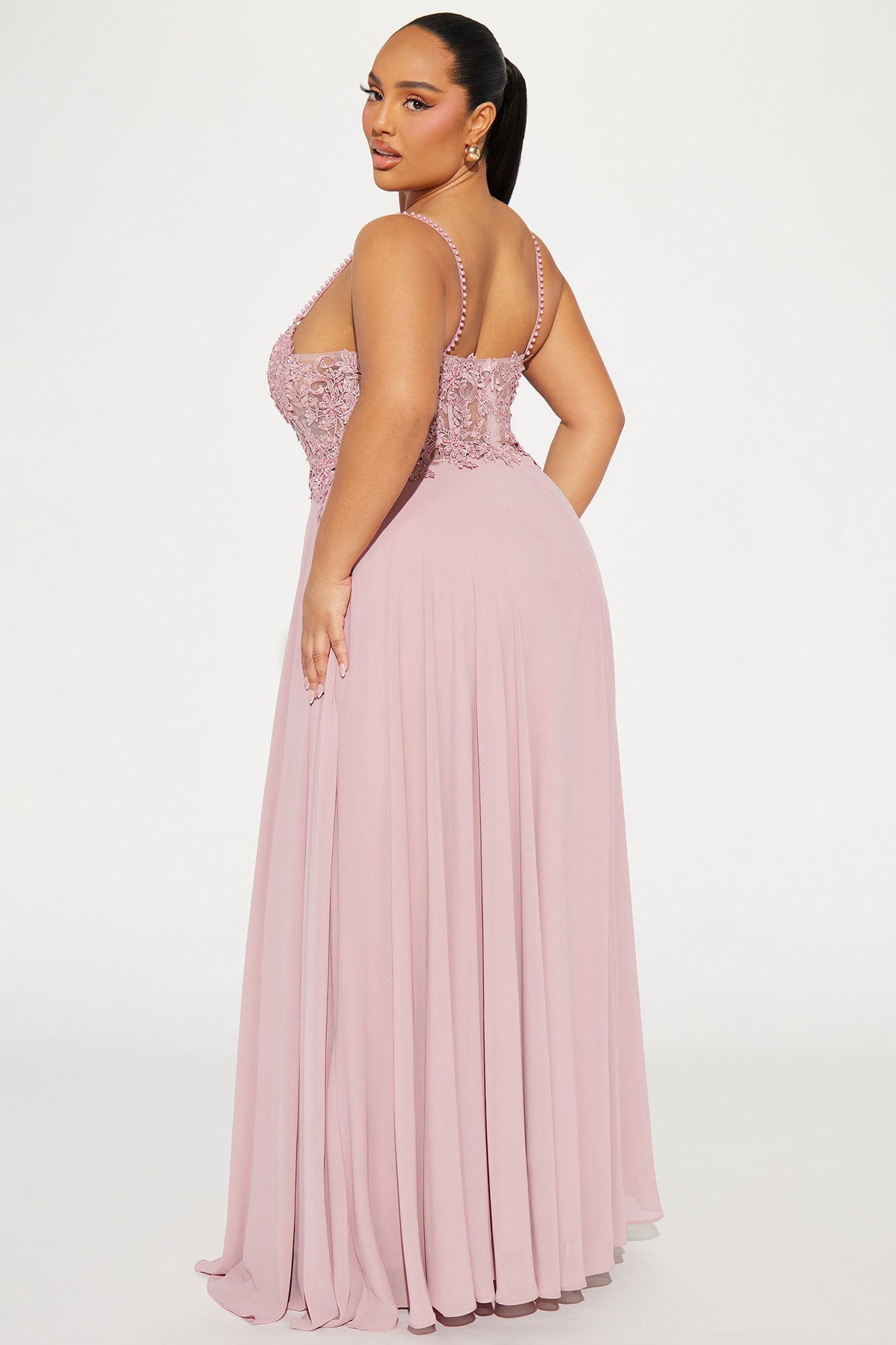 Cheri Mauve Chiffon Gown with a sweetheart neckline and a corset waist