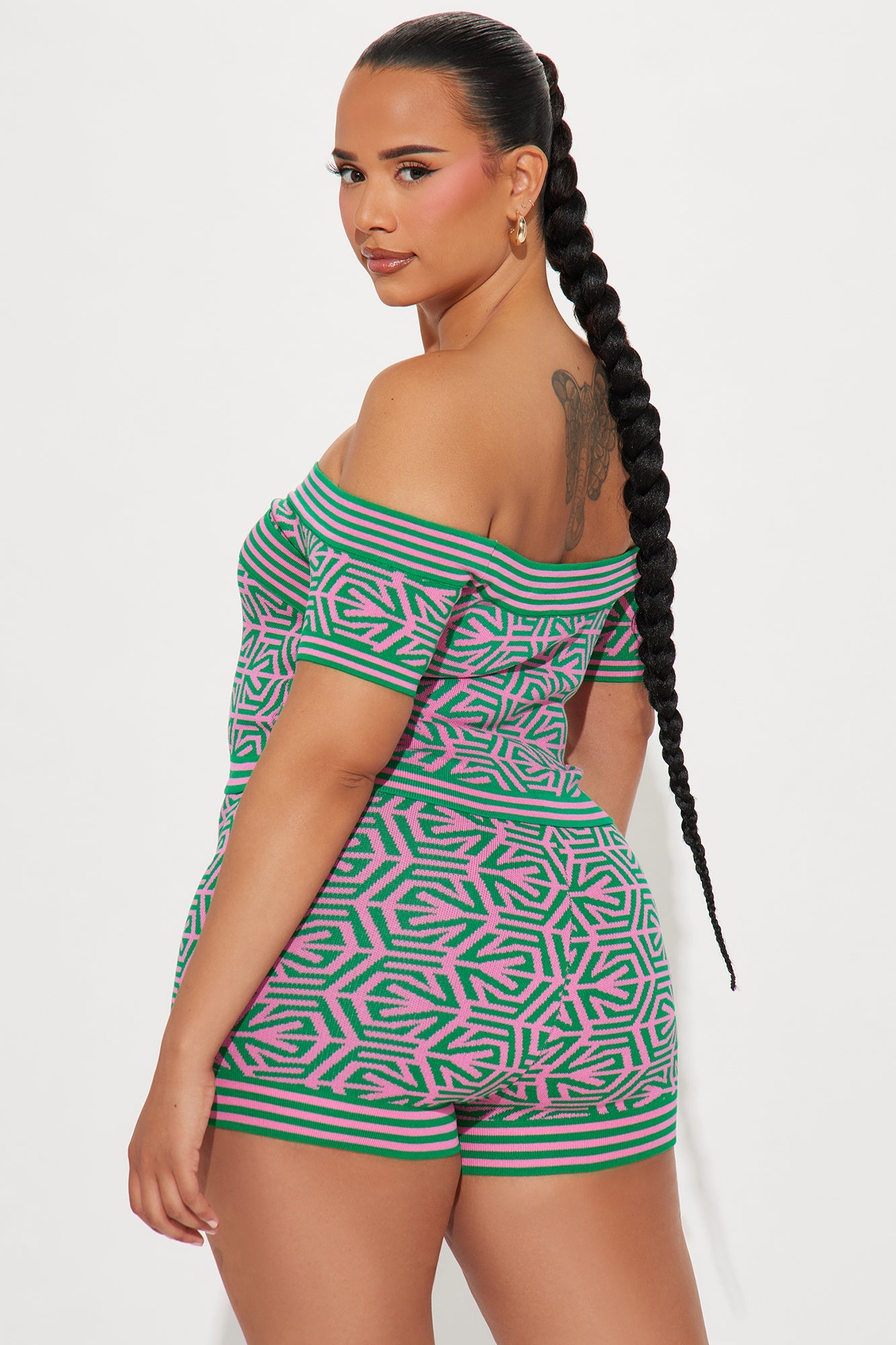 Angelina Green Sweater Off Shoulder Cropped Short Set