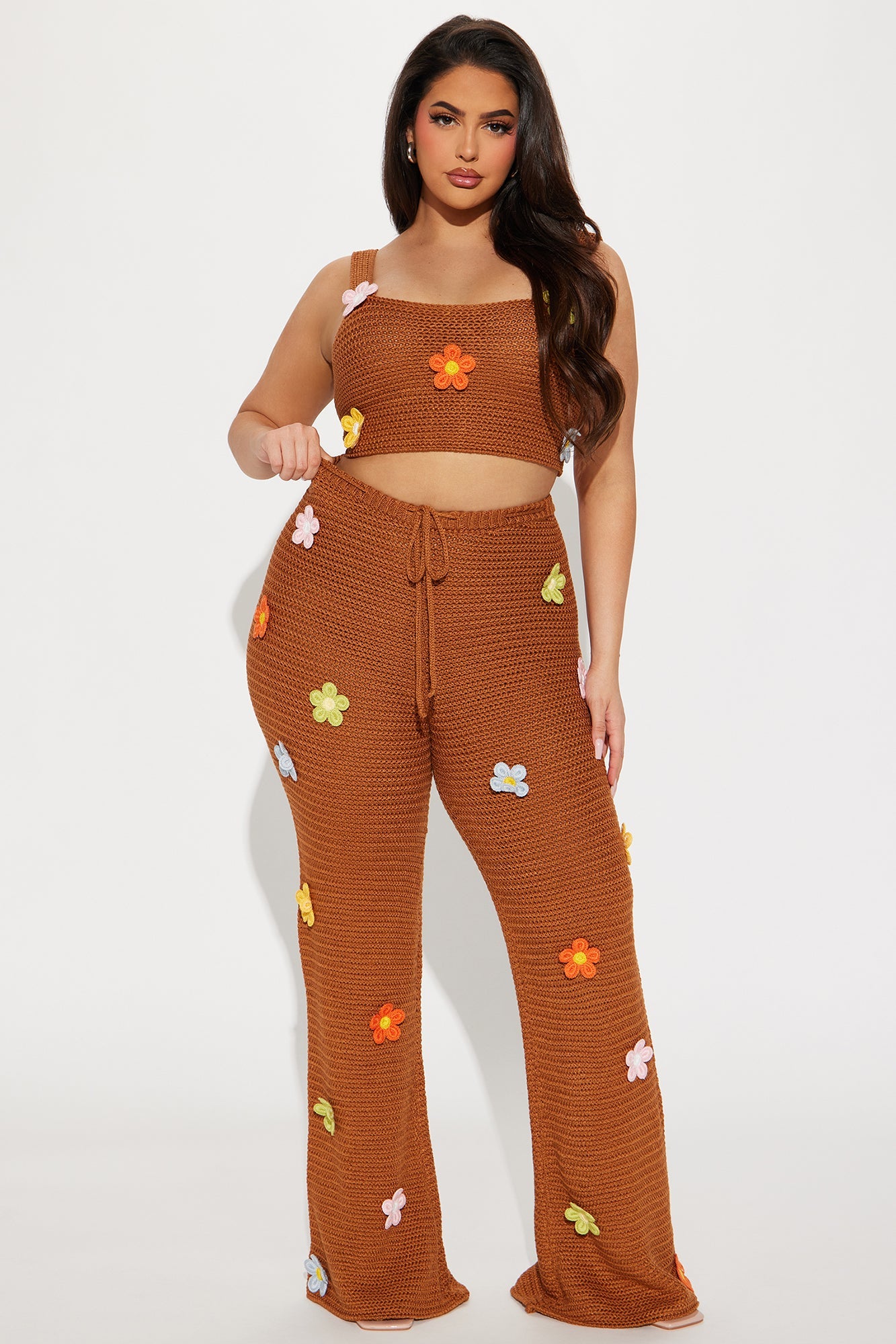 Cybil Mocha Floral Applique Crochet Pant Set