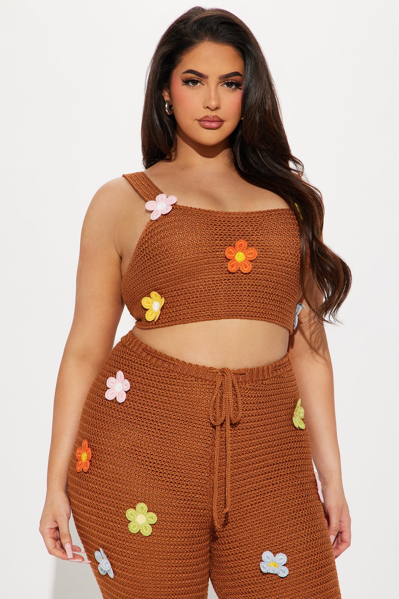 Cybil Mocha Floral Applique Crochet Pant Set