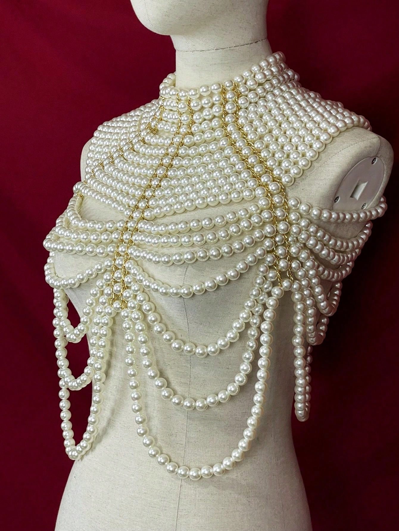 “Feel My Faux” 1 Pc Handmade Heavy Faux Pearl Body Chain Beaded Multi-Layered Medieval Style Beaded Necklace