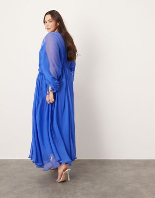Sheri ASOS EDITION Curve extreme chiffon gathered waist maxi dress in cobalt blue