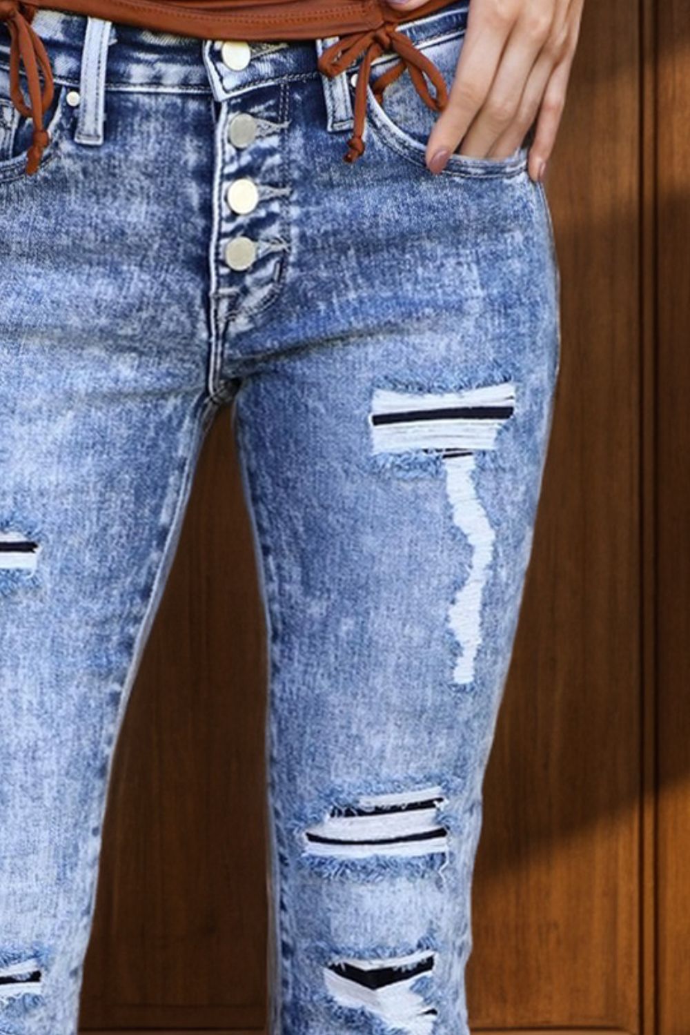 Avery Funky Ripped-Fly Bellbottom Jeans with Pockets