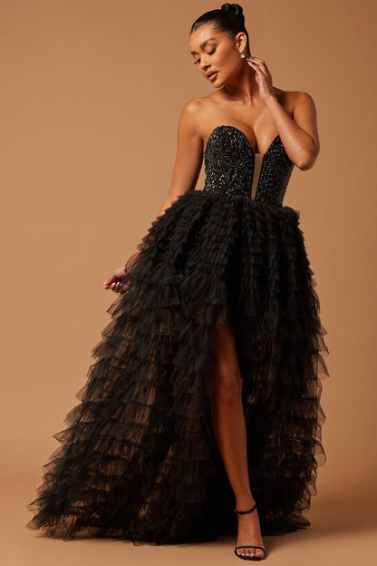 Blythe Black Strapless Ruffle Gown