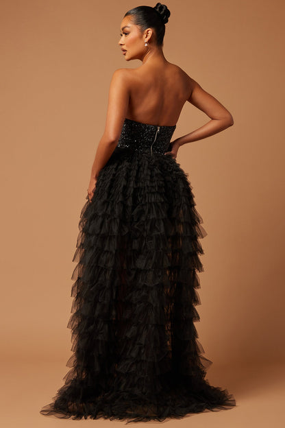 Blythe Black Strapless Ruffle Gown