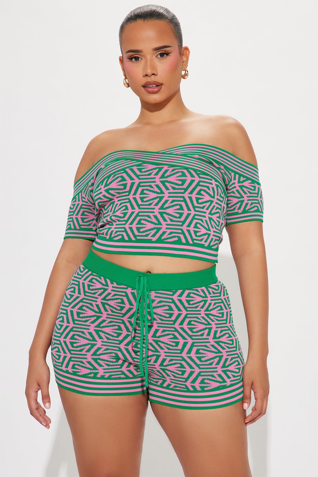 Angelina Green Sweater Off Shoulder Cropped Short Set