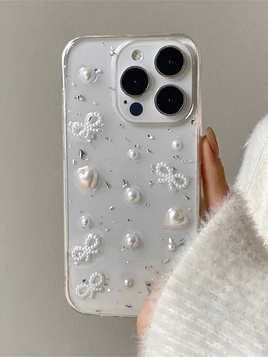 "Pretty For You" Luxury 3D Pearls & Bows Silver Foil Phone Case
