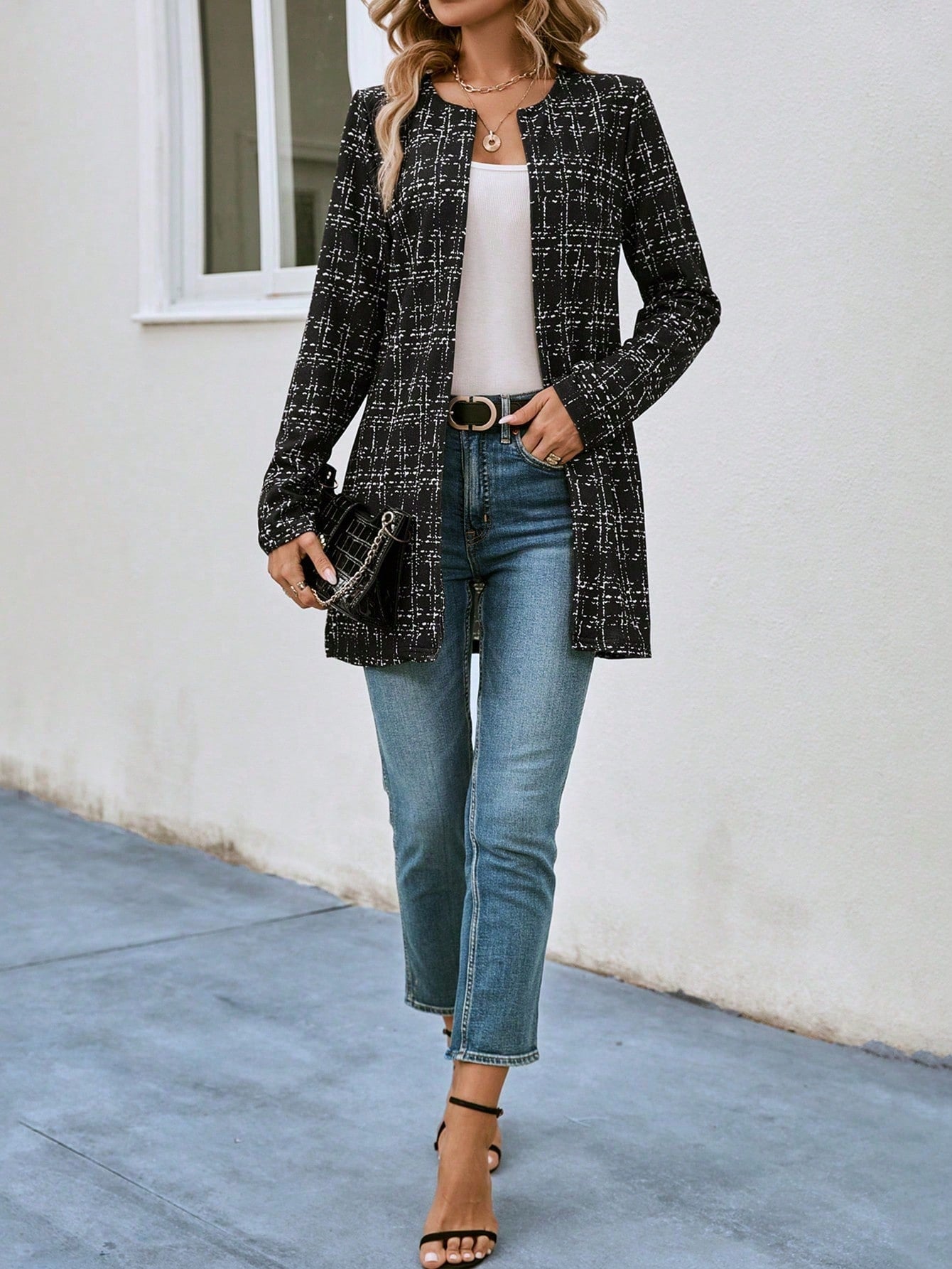 Katherine Plaid Open Front Tweed Overcoat