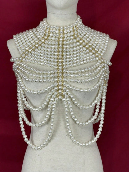 “Feel My Faux” 1 Pc Handmade Heavy Faux Pearl Body Chain Beaded Multi-Layered Medieval Style Beaded Necklace