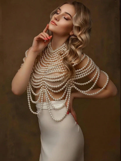 “Feel My Faux” 1 Pc Handmade Heavy Faux Pearl Body Chain Beaded Multi-Layered Medieval Style Beaded Necklace