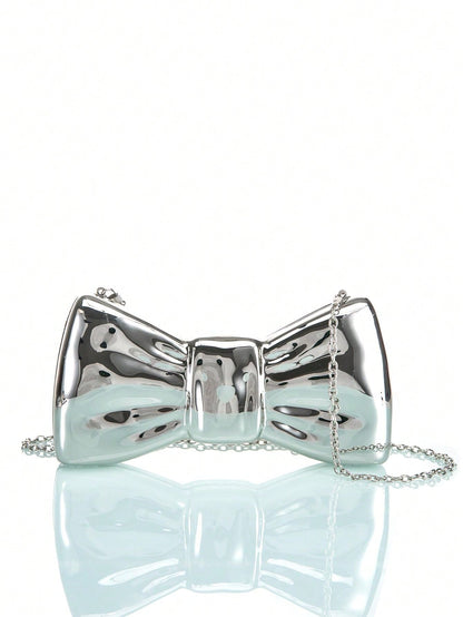 "Fun in Thought" Metallic Retro Bow Shaped Clutch Bag With Chain Strap