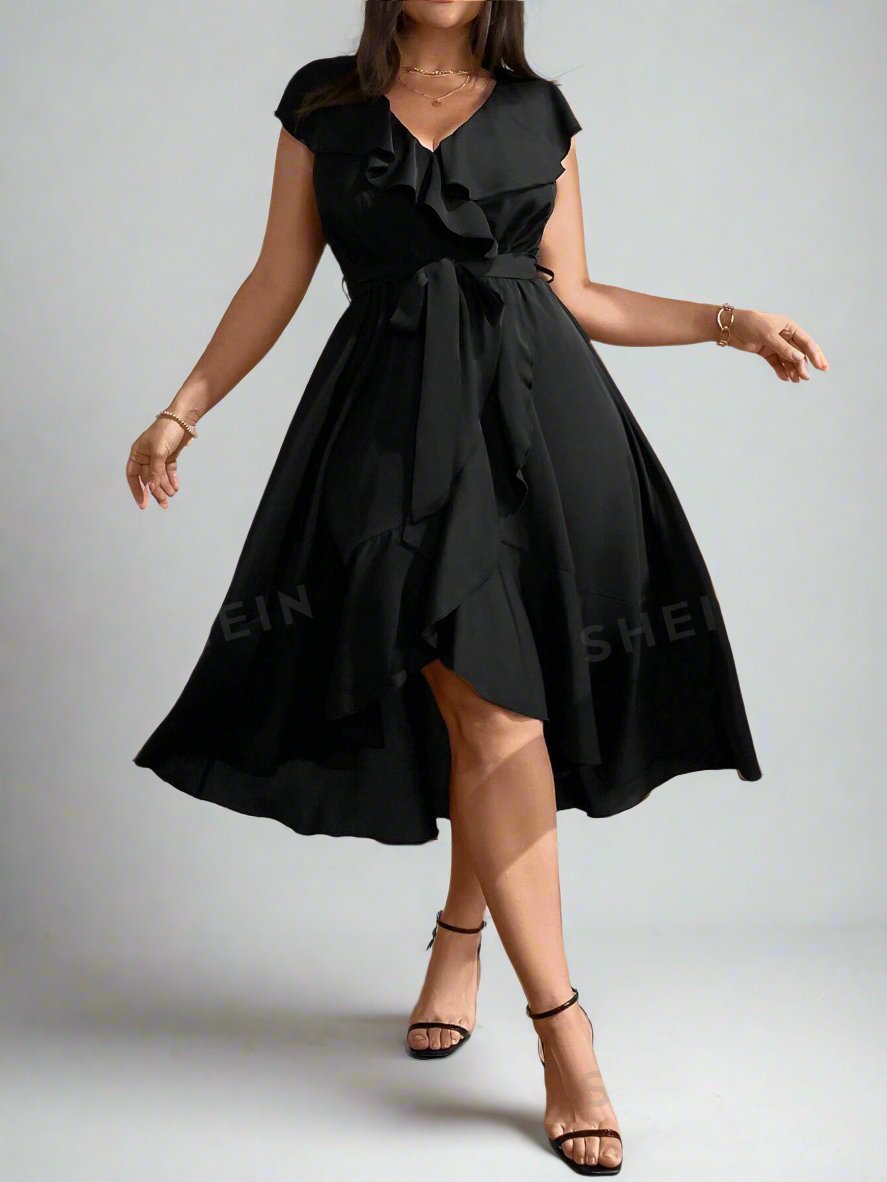 Mint Black V-Neck Ruffle Trim Party Dress