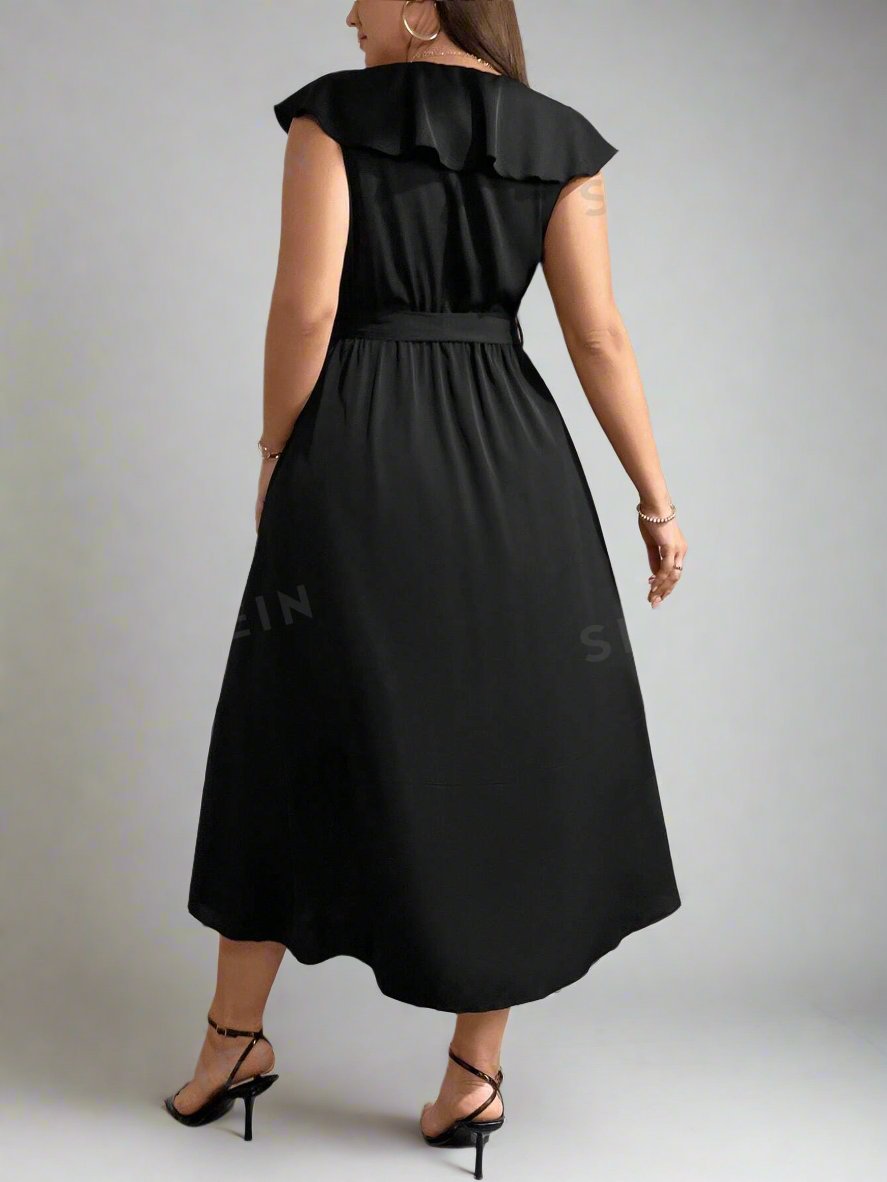 Mint Black V-Neck Ruffle Trim Party Dress