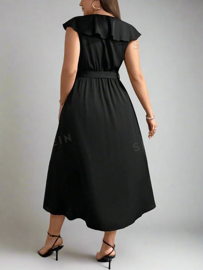 Mint Black V-Neck Ruffle Trim Party Dress