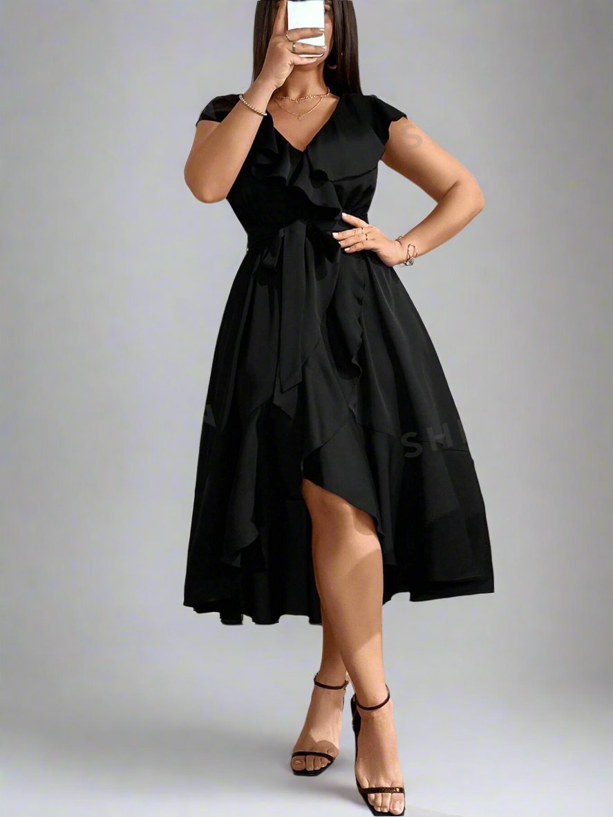 Mint Black V-Neck Ruffle Trim Party Dress