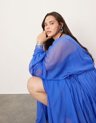 Sheri ASOS EDITION Curve extreme chiffon gathered waist maxi dress in cobalt blue
