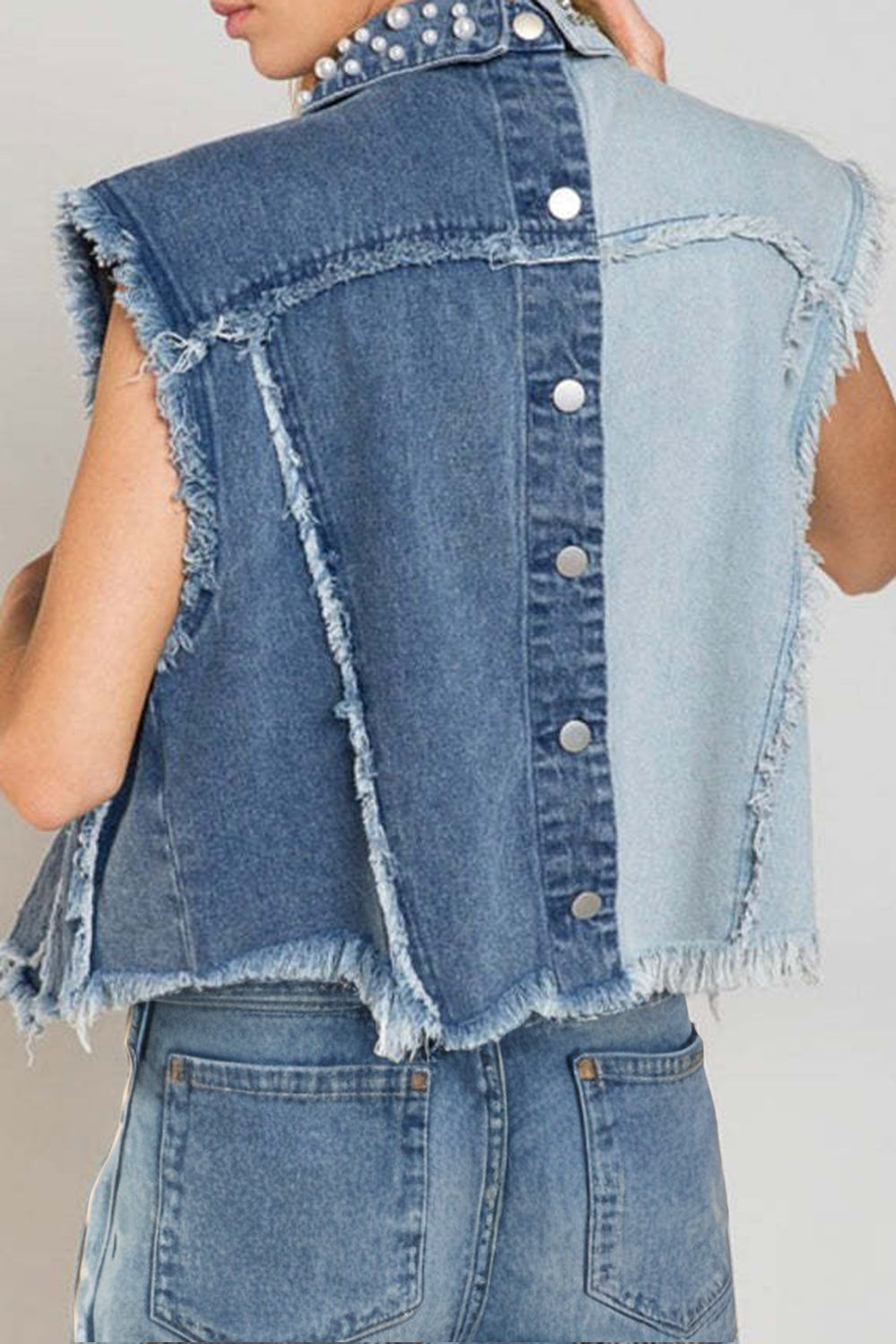 Ella Pearl Raw Hem Sleeveless Denim Jacket