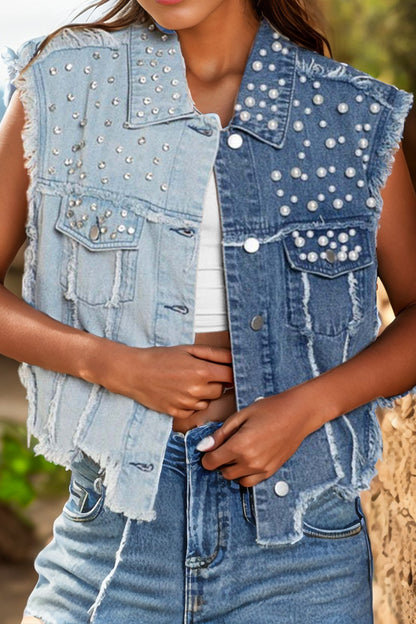 Ella Pearl Raw Hem Sleeveless Denim Jacket