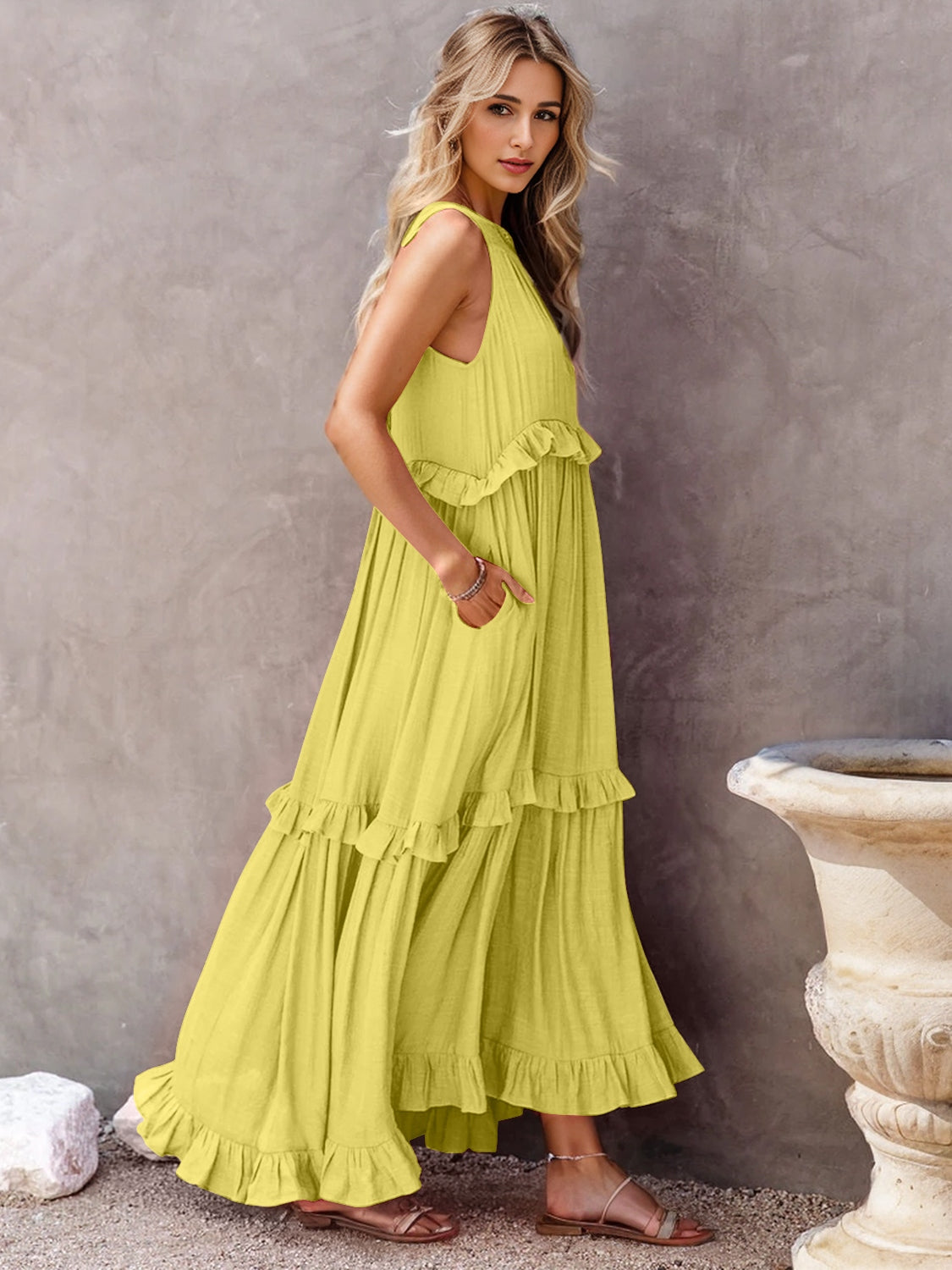 Mila Ruffled Sleeveless Tiered Maxi Dress with Pockets