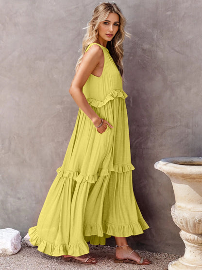 Mila Ruffled Sleeveless Tiered Maxi Dress with Pockets