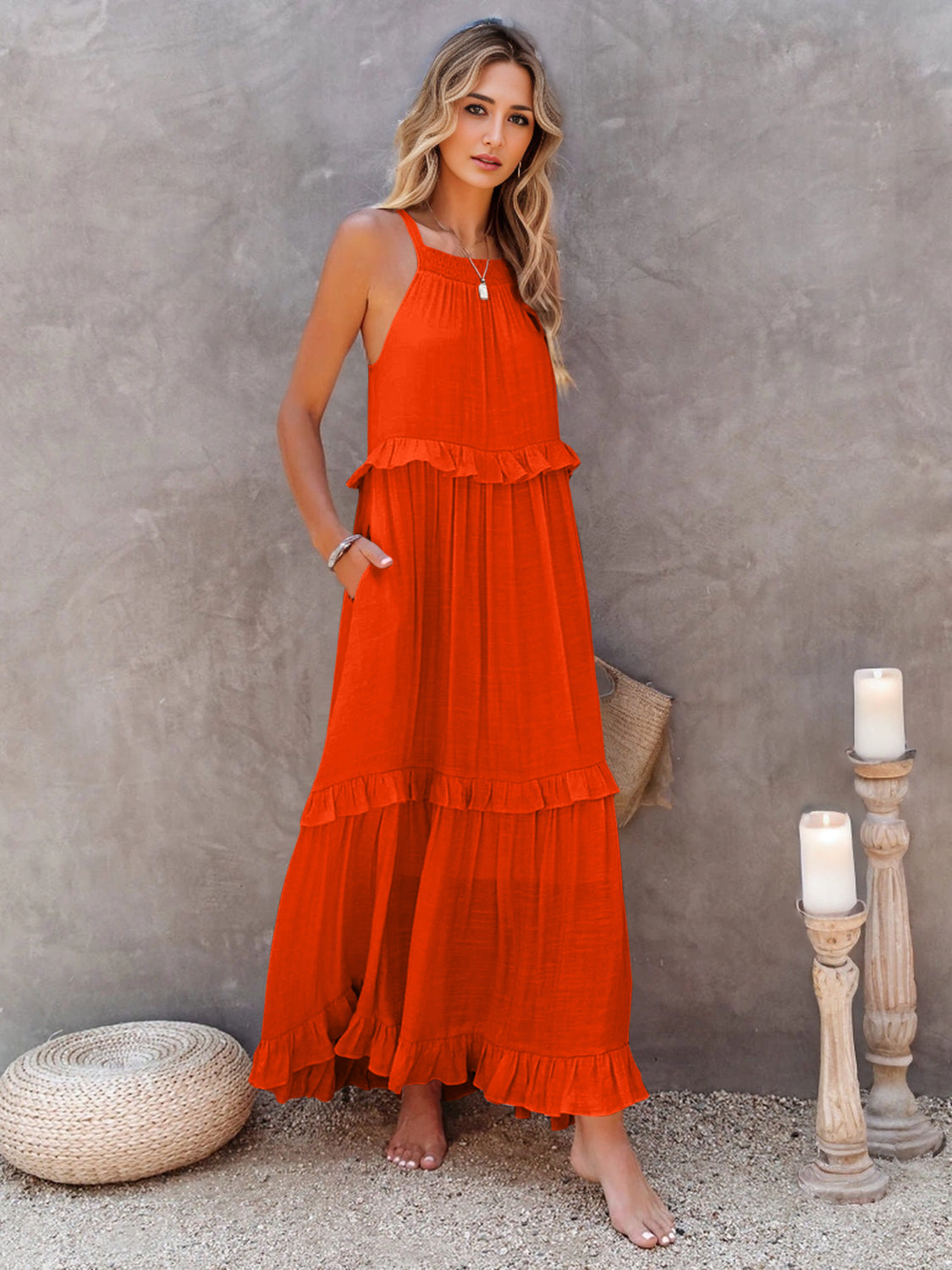 Mila Ruffled Sleeveless Tiered Maxi Dress with Pockets