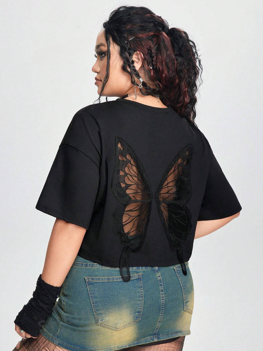 Zoe PUNK Plus Size Embroidered Mesh Butterfly Pattern Drop Shoulder T-Shirt